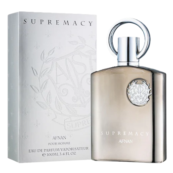 Afnan Supremacy Silver męskie perfumy, srebrny flakon z ozdobnym detalem, obok białego opakowania z napisem Supremacy.