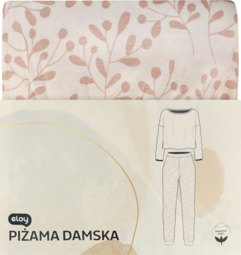 Piżama damska Eloy. Górna część: jasny materiał w różowe listki. Dolna: szkic dwuczęściowej piżamy z długim rękawem.