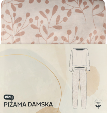 Jasna piżama damska Eloy: komplet z długim rękawem i spodniami, wzór w delikatne brązowe gałązki.