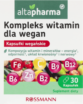 Frontowe ujęcie zielono-białego opakowania altapharma Kompleks witamin dla wegan, z 30 wegańskimi kapsułkami, witaminy B, C, Fe, Zn.
