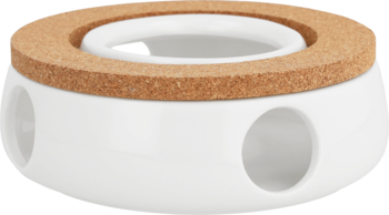 Biały ceramiczny podgrzewacz z korkową nakładką, okrągły, z trzema otworami po bokach, widok z przodu.