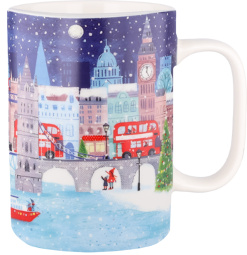 Ceramiczny kubek z zimowym londyńskim pejzażem: Big Ben, czerwone autobusy, zaśnieżone ulice. Uchwyt z prawej.