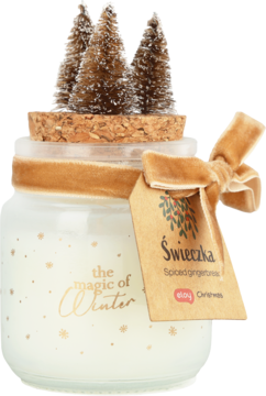 Eloy świeczka świąteczna Spiced gingerbread, szklana, z złotymi śnieżynkami, korkiem, choinkami i aksamitną wstążką.