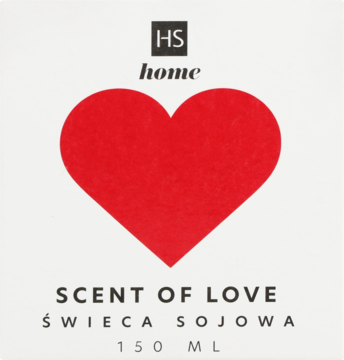 Świeca sojowa HS home Scent of Love 150ml, z dużym czerwonym sercem na białym tle, widok z przodu.