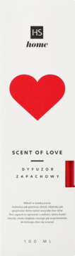 Hiskin Walentynkowy dyfuzor Scent of Love 100ml, białe opakowanie z czerwonym sercem, widok z przodu.