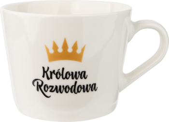 Eloy Kubek królowa rozwodowa, biały ceramiczny kubek z złotą koroną i czarnym napisem, widok z przodu.