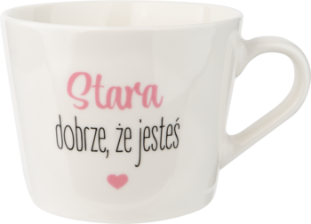 Biały ceramiczny kubek Eloy 400 ml z napisem "Stara dobrze, że jesteś" i różowym sercem, widok z przodu.