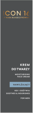 Front view of Icon 16 By Kuba Błaszczykowski moisturizing face cream for men, dark gray packaging with gold and white text.