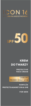 Krem do twarzy ICON 16 SPF 50 dla mężczyzn, ciemnoszare opakowanie ze złotymi napisami, widok z przodu.
