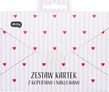 Eloy Zestaw kartek, kopert i naklejek w biało-różowym opakowaniu w paski z czerwonymi sercami, widok z przodu.