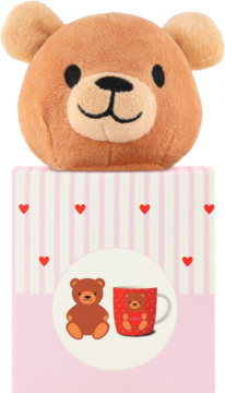 Eloy Kubek z pluszakiem niedźwiedź: pluszowa głowa misia na pudełku w różowe paski, z sercami i grafiką misia i kubka.