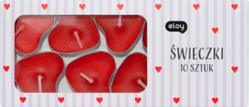 Eloy: 10 czerwonych świeczek-serduszek w pudełku z przezroczystym okienkiem i serduszkowym wzorem.