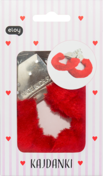 Eloy czerwone kajdanki z miękkim futerkiem i metalowymi zatrzaskami, w opakowaniu z sercami, widok z przodu.