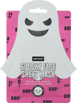 Sence Spooky Face Sheet Mask, biała maska w kształcie duszka na różowym tle z napisem BOO!, widok z przodu.