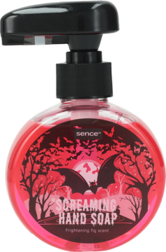 Czerwone mydło Sence Screaming Hand Soap, butelka z czarną pompką, Halloweenowy design z nietoperzami i figowym zapachem.