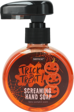 Sence 'Trick or Treat' Halloween hand soap, orange pump bottle with black dispenser, spicy pumpkin scent.