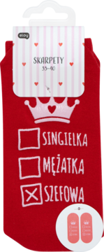 Eloy Skarpety damskie 35-40, czerwone, z białą koroną i zaznaczoną opcją "SZEFOWA" na checkliście, widok z przodu.