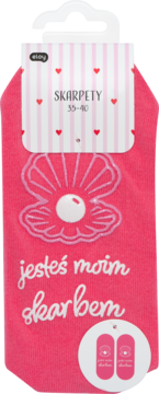 Różowe skarpety damskie Eloy r.35-40, z białym wzorem perły w muszli i napisem "jesteś moim skarbem".