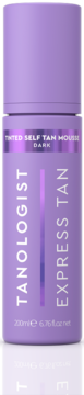 Tanologist Tinted Self Tan Mousse Express Tan Dark w fioletowej butelce z metalicznym paskiem, widok z przodu.