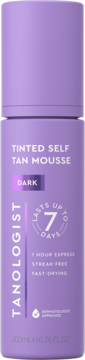 Tanologist Tinted Self Tan Mousse Dark 200ml w fioletowej butelce, widok z przodu, efekt do 7 dni.