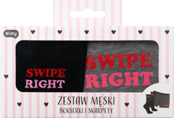 Eloy Zestaw Męski "Swipe Right": czarne bokserki i szare skarpety z napisem, w różowo-białym pudełku.
