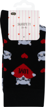 Eloy Skarpety damskie Love 35-40: czarne skarpetki z wzorem szarych kotków i czerwonych serc, w tym jedno z LOVE, z etykietą.