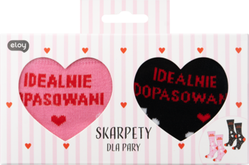 Eloy Skarpety BFF w pudełku: różowe i czarne pary z sercami, napis "Idealnie dopasowani", widok z przodu.