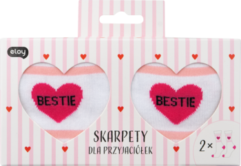Eloy Skarpety BFF w pudełku, 2 pary białych skarpet z czerwonym napisem BESTIE, na różowo-białym tle z serduszkami.