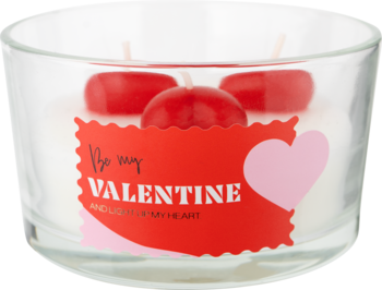 Eloy Świeca zapachowa, Walentynki. Szklany pojemnik, biały wosk, trzy czerwone świeczki i etykieta 'Be my VALENTINE'.