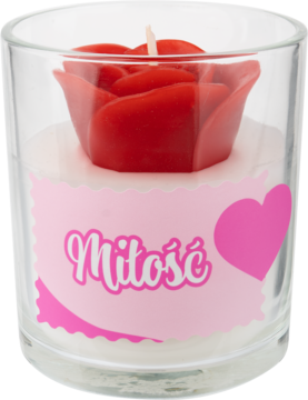 Eloy świeca zapachowa 130g: czerwona róża z wosku w szklanym pojemniku, różowa etykieta z napisem "Miłość", widok z przodu.