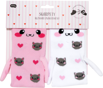 Skarpety z magnesem, 2 pary: różowe i białe z twarzami zwierząt, kotkami i sercami, widok przód.