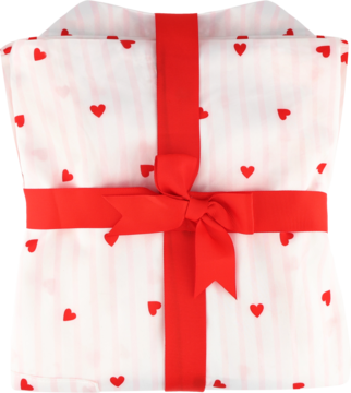 Eloy piżama damska, biała w czerwone serca, złożona i przewiązana czerwoną kokardą, widok z przodu.