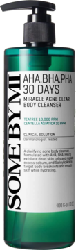 Zielony żel Some By Mi AHA.BHA.PHA 30 Days Miracle Acne Clear Body Cleanser w butelce z pompką, widok z przodu.