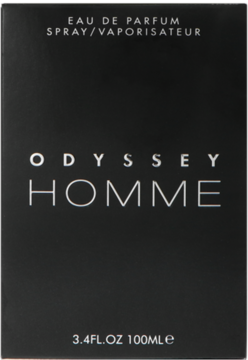 Czarne, prostokątne opakowanie perfum męskich Armaf Odyssey Homme 100ml, z białym napisem na froncie.