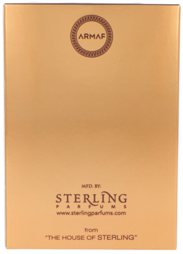 Tył złoto-brązowego opakowania męskiej wody perfumowanej Armaf Odyssey Aoud z logo Armaaf i nazwą producenta Sterling.