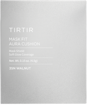 Srebrne pudełko TIRTIR Mask Fit Aura Cushion 35N Walnut. Podkład o soft glow coverage, widok z przodu.