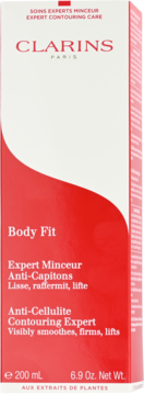 Biało-czerwone pudełko Clarins Body Fit Anti-Cellulite 200 ml, krem ujędrniający, widok z przodu.