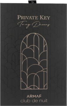 Czarne opakowanie perfum unisex Armaf Club de Nuit Private Key Tony Dreams ze złotym wzorem art deco, widok z przodu.
