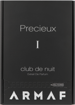 Czarny matowy kartonik Armaf Club de Nuit Precieux I Extrait de Parfum, widok z przodu z białymi napisami.