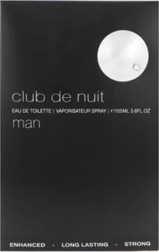 Czarny kartonik Armaf Club de Nuit Man EDT 105ml, z białym okręgiem i napisem, widok z przodu.
