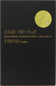 Czarny kartonik perfum Armaf Club de Nuit Intense Woman z żółtym napisem i kołem, widok z przodu.