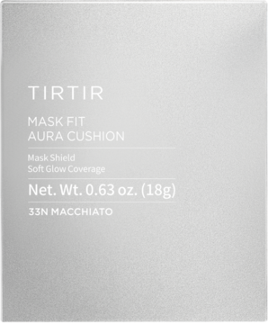Jasnoszare, matowe opakowanie podkładu TIRTIR Mask Fit Aura Cushion 33N Macchiato, widok z przodu.