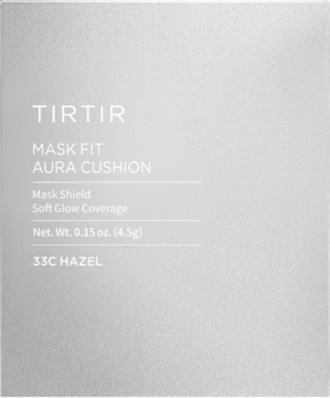 TIRTIR Mask Fit Aura Cushion Mini 33C Hazel, podkład w jasnoszarym pudełku z białym tekstem, widok z przodu.