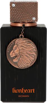 Armaf Club de Nuit Lion Heart perfumy damskie, czarna butelka z miedzianym korkiem i medalionem lwa, widok z przodu.