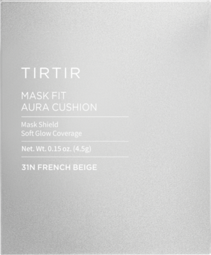 Nawilżający podkład TIRTIR Mask Fit Aura Cushion 31N French Beige w szarym pudełku, widok z przodu.