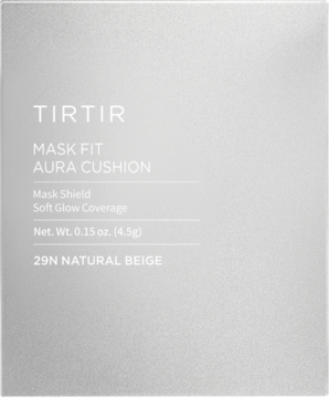TIRTIR Mask Fit Aura Cushion 29N Natural Beige, jasnoszare pudełko z czarnym tekstem, widok z przodu.
