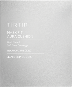 Białe pudełko TIRTIR Mask Fit Aura Cushion 43N Deep Cocoa, podkład Soft Glow Coverage, widok z przodu.