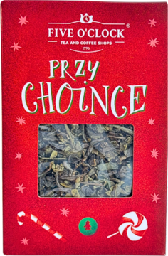 Czerwone opakowanie świątecznej zielonej herbaty Five O'Clock "Przy Choince" z okienkiem, gwiazdkami i lizakami.