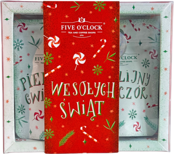 Świąteczny zestaw herbat FIVE O'CLOCK w białym pudełku, czerwona opaska z napisem Wesołych Świąt, widok z przodu.
