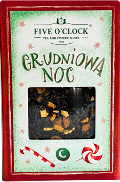 Czerwone opakowanie herbaty Five o'clock Grudniowa Noc z okienkiem, widoczne czarne liście, skórka pomarańczy.